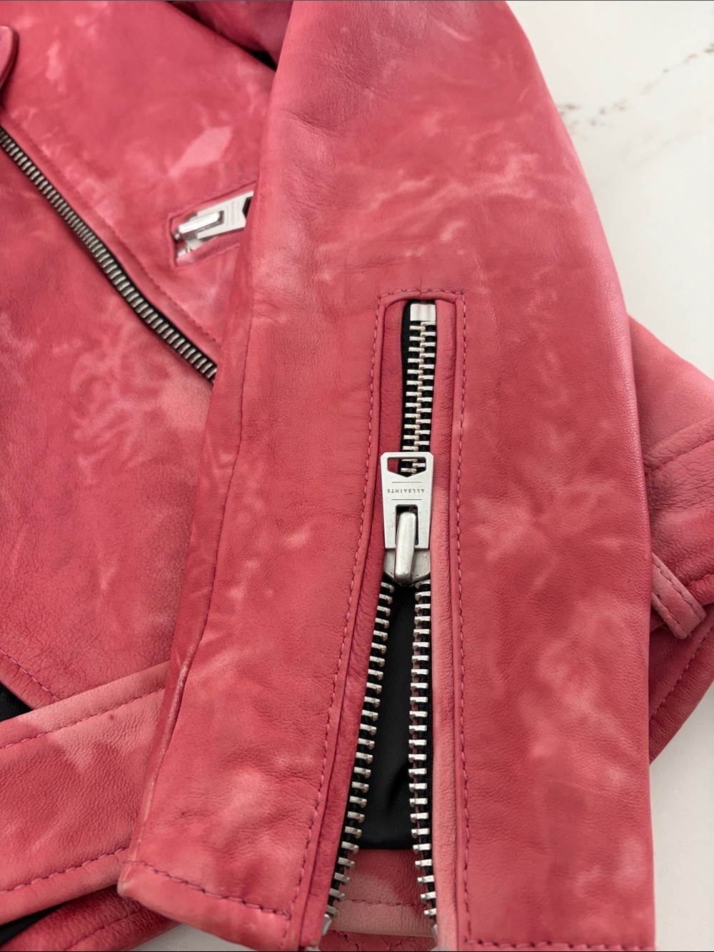 ALL SAINTS RED LEATHER SPLOTCHED MOTORCYCLE JACKET 6 - Picture 3 of 3